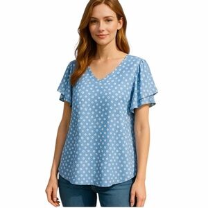 Love Ryan Los Angeles Blue/White  Womans Short Sleeve Top Blouse Size 2X